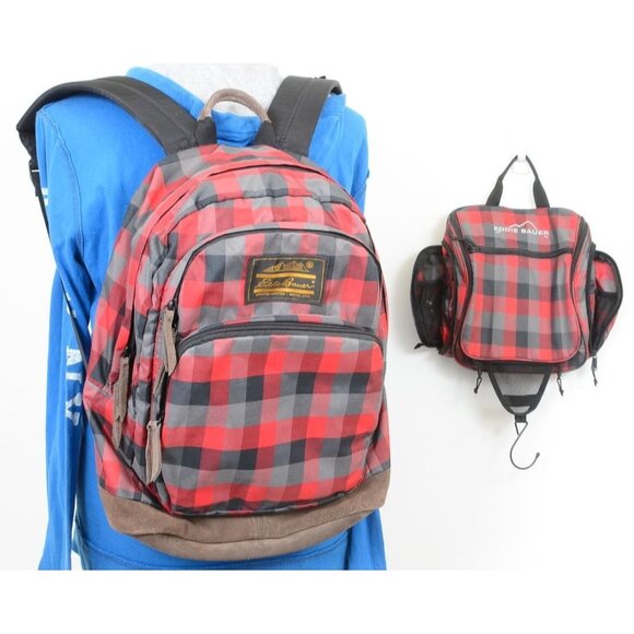 Eddie Bauer Buffalo Plaid Laptop Backpack w/ Jewelry Make-Up Case Suede Bottom - Picture 1 of 14